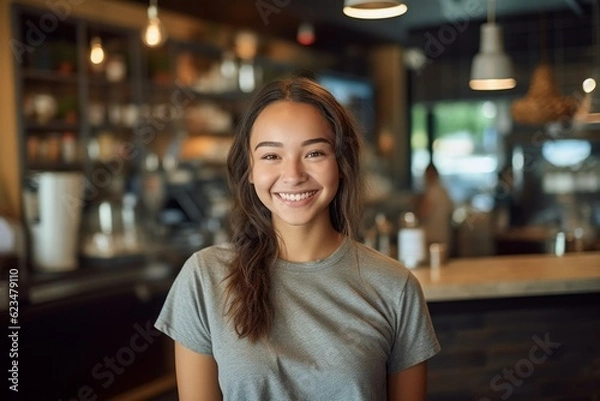 Obraz Headshot portrait photography of a satisfied kid female wearing a casual short-sleeve shirt against a cozy coffee shop background. With generative AI technology