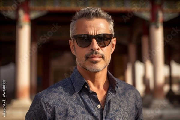 Fototapeta Three-quarter studio portrait photography of a satisfied mature man wearing a trendy sunglasses against a traditional asian temple background. With generative AI technology