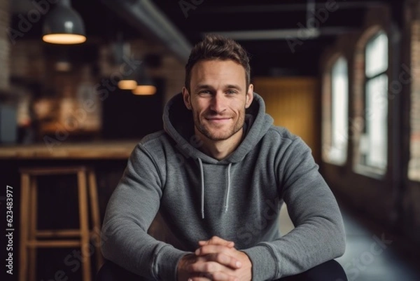 Fototapeta Lifestyle portrait photography of a satisfied boy in his 30s wearing a comfortable hoodie against a spacious loft background. With generative AI technology