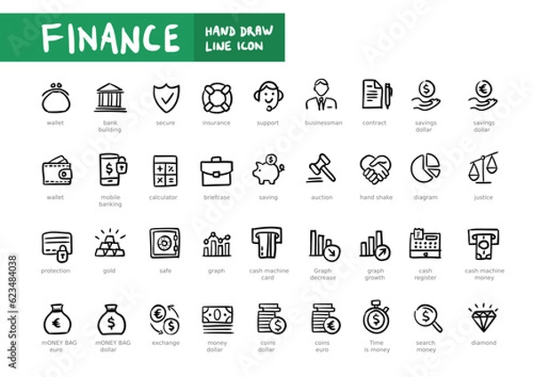 Fototapeta Finance hand writting line web icon set. Outline icons collection. Simple vector illustration. Finance, money, payment.