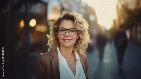 Fototapeta business woman on glasses. meeting and connection. at building district background in the morning, bokeh. dynamic lighting from the setting morning sun, generative Ai.