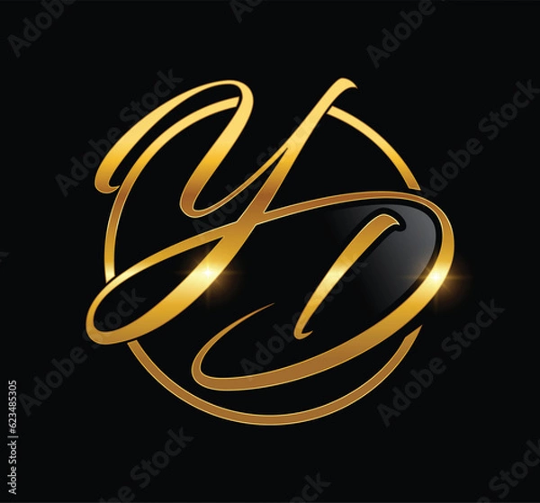 Fototapeta A vector Illustration of Golden Monogram Logo Initial Letter YD in black background with gold shine effect