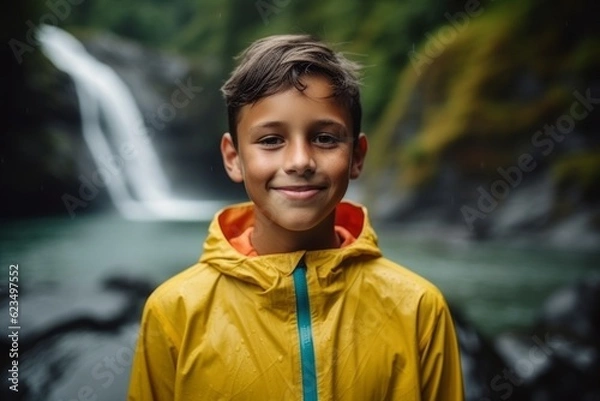 Fototapeta Close-up portrait photography of a satisfied kid male wearing a comfortable tracksuit against a picturesque waterfall background. With generative AI technology