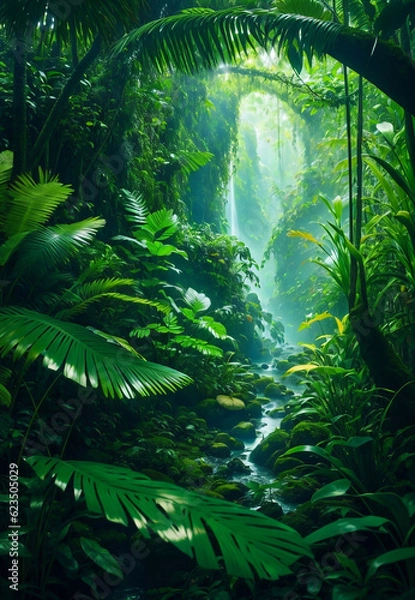 Fototapeta Green beautiful jungle background, Generative AI Illustration.