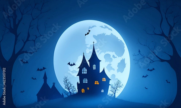 Obraz Halloween 2023. City panorama in halloween style. Scary halloween isolated background. Halloween on blue and black background. illustration style.