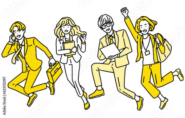 Obraz やる気に満ちたビジネスパーソン・ジャンプする働く男性と女性