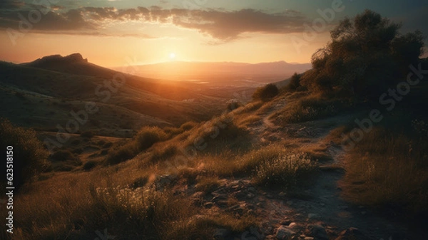 Fototapeta Sunset over mountain. Generative AI