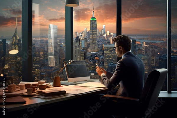 Fototapeta Business and finance concept. Man doing analysis behind computer screen showing charts and statistics. Stock, crypto, forex, financial market research. Cityscape in background. Generative AI