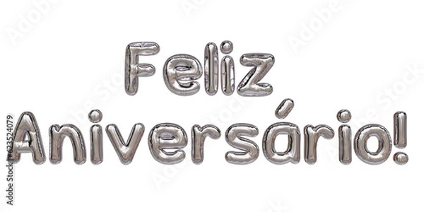 Fototapeta Decoração de Balão metalizado prata com a frase Feliz Aniversário. Ilustração 3D realista. Recurso gráfico para social media de felicitações. Festa elegante com balão prateado.