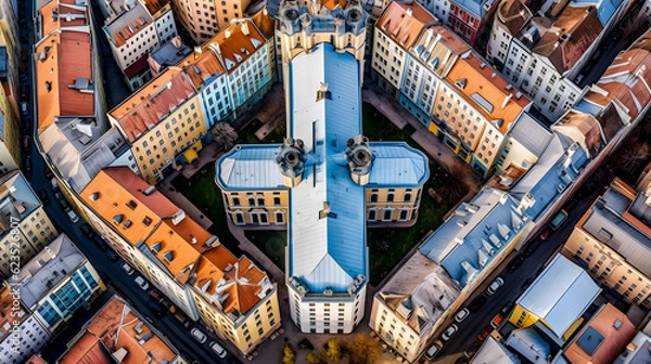 Obraz Symetryczny widok lotniczy miasta inspirowanego przez Vilniusa - generatywny AI