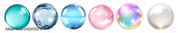 Fototapeta Set of realistic transparent colorful soap bubbles with rainbow reflection isolated on transparent background