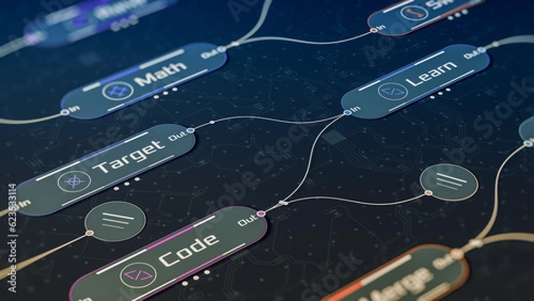 Fototapeta Node system, neural network model, machine learning, programming ai, big data flow, software development (3d render)