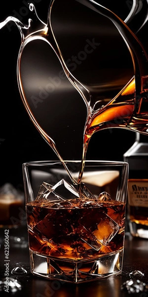 Obraz whisky drink on a wooden table with a jigger on black background generated by AI