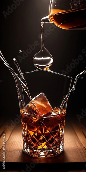 Obraz whisky drink on a wooden table with a jigger on black background generated by AI
