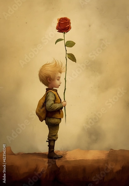 Obraz Vintage Illustration of Le Petit Prince Holding His Rose - generative ai