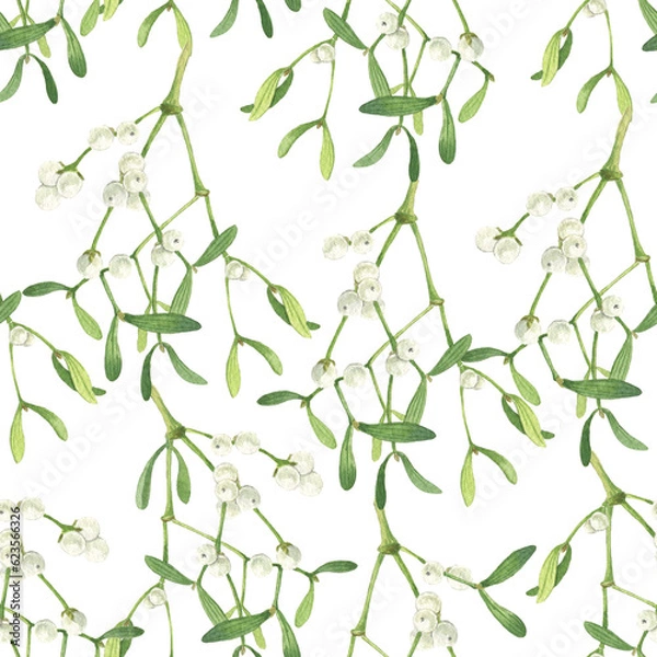 Fototapeta Watercolor misteltoe illustration. Seamless pattern, background with the branches of mistletoe.