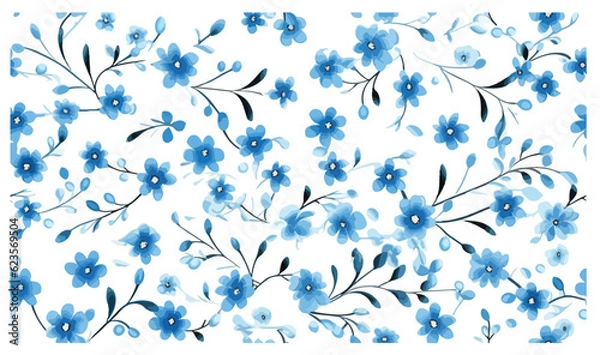 Obraz Blue Small Flowers with Leaves Seamless Pattern Vector For Digital Printing