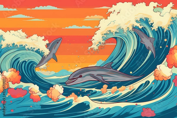 Obraz dolphins jumpin trough waves