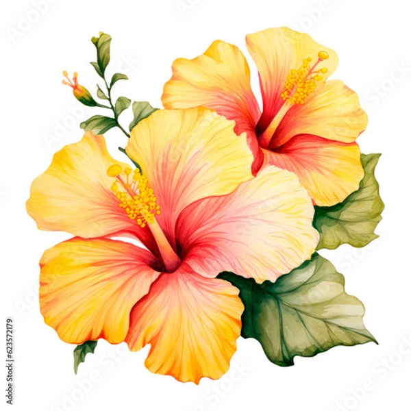 Fototapeta Arrangement from yellow Hibiscus flowers and tropical plants, isolated transparent background, Generative AI