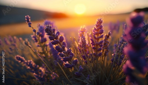 Fototapeta Lavender field in the rays of the evening sun.Generative AI