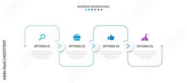 Fototapeta Timeline infographic with infochart. Modern presentation template with 4 spets for business process. Website template on white background for concept modern design. Horizontal layout.