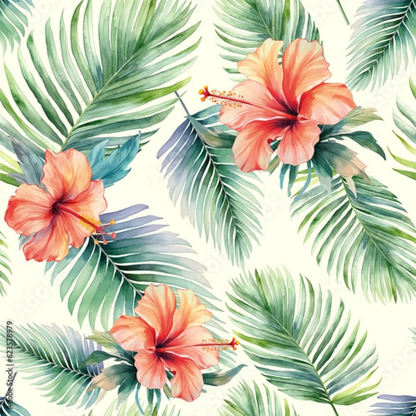 Fototapeta Watercolor tropical background. Seamless realistic vector botanical pattern. Watercolor pattern with exotic flowers