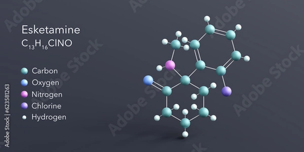Fototapeta esketamine molecule 3d rendering, flat molecular structure with chemical formula and atoms color coding