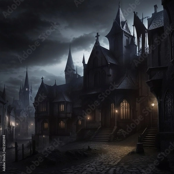 Fototapeta Generative Ai, Background Only, Dark Fantasy, Gothic Town, 