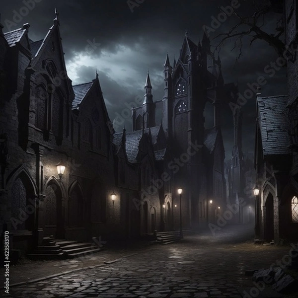 Fototapeta Generative Ai, Background Only, Dark Fantasy, Gothic Town, 