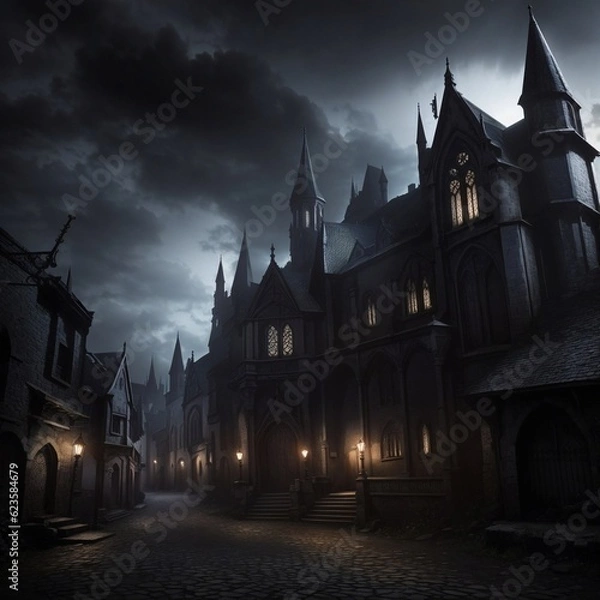 Fototapeta Generative Ai, Background Only, Dark Fantasy, Gothic Town, 