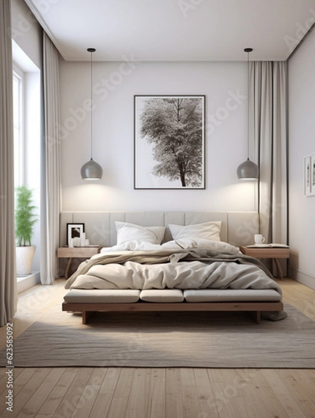 Fototapeta bedroom with a double bed in a scandinavian-style apartment