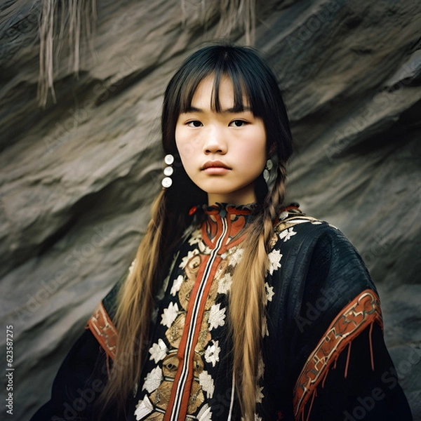 Obraz Exquisite Portrait of a Young Ainu Woman in Traditional Attire - generative ai