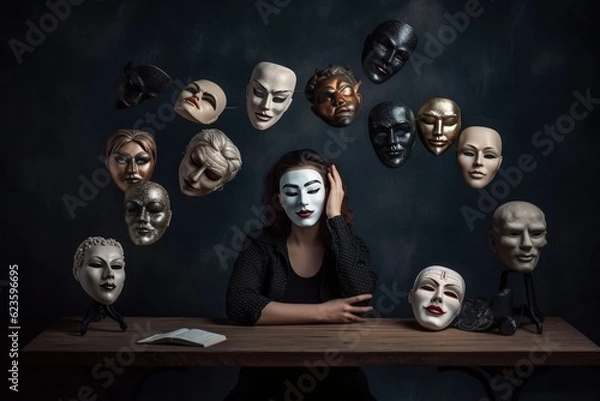 Fototapeta Fake emotion, play a role concept. Character holds masks our face with different emotions. Choice of moods, hiding behind a false mask. Defense and playing to the audience. Psychology. Generative AI. 