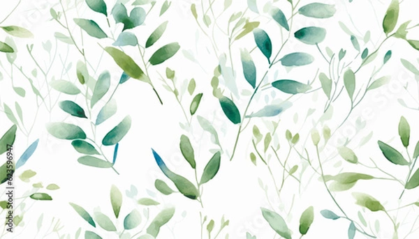 Fototapeta Seamless watercolor floral pattern - green leaves and branches composition on white background, perfect for wrappers, wallpapers, postcards, greeting cards, wedding invitations, romantic events