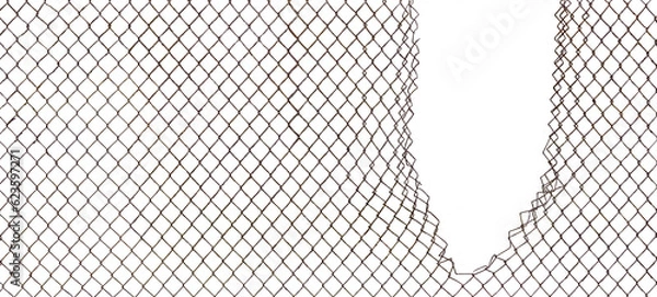 Fototapeta Torn rusty chain link fence texture background, horizontal isolated broken old aged weathered rusted iron, perimeter security hole concept metaphor, grungy damaged vintage panorama large macro closeup