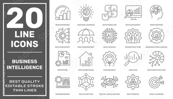 Obraz Business Intelligence icons set. Different Business Intelligence tools links icons. Business Intelligence Platform. Vector illustration. Editable stroke
