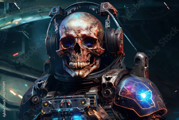 Fototapeta Horror Sci-Fi Skeleton Skull in Space Suit Generative AI Illustration