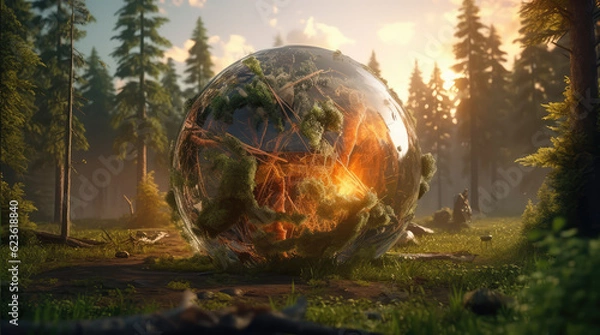 Fototapeta a big crystal ball full of green trees with nature and life inside the crystal vola, in the middle of a post-apocalyptic burning world, 4k, qhd, hyper-realistic, full of details
