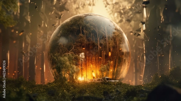 Fototapeta a big crystal ball full of green trees with nature and life inside the crystal vola, in the middle of a post-apocalyptic burning world, 4k, qhd, hyper-realistic, full of details