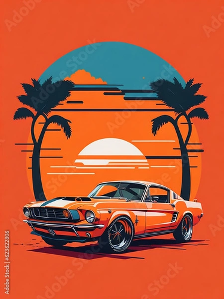 Fototapeta Classic car with a background of palm trees at sunset.