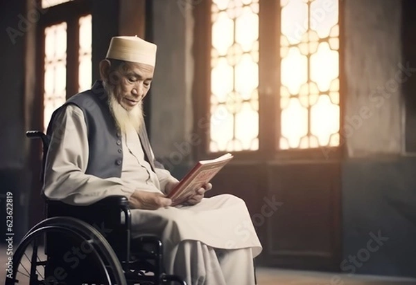 Fototapeta Muslim old man with dissability sitting in wheelchair and holding Quran with view of Kaaba