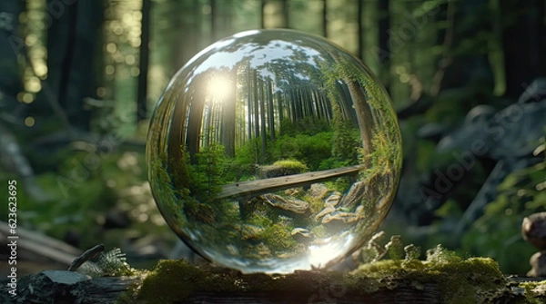 Fototapeta a big crystal ball full of green trees with nature and life inside the crystal vola, in the middle of a post-apocalyptic burning world, 4k, qhd, hyper-realistic, full of details