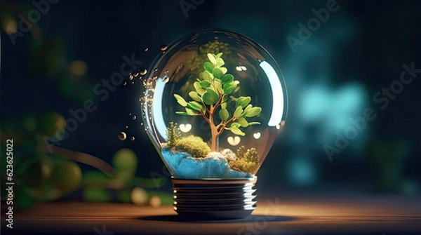 Fototapeta Environmental protection, renewable, sustainable energy sources. Plant growing in the bulb with there are environmental icons all around.Energy-saving and environmental concepts on Earth Day
