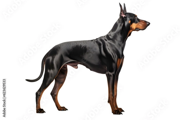 Fototapeta Doberman Pinscher, Dobermann, dog, realistic illustration, side view, transparent background, generative ai