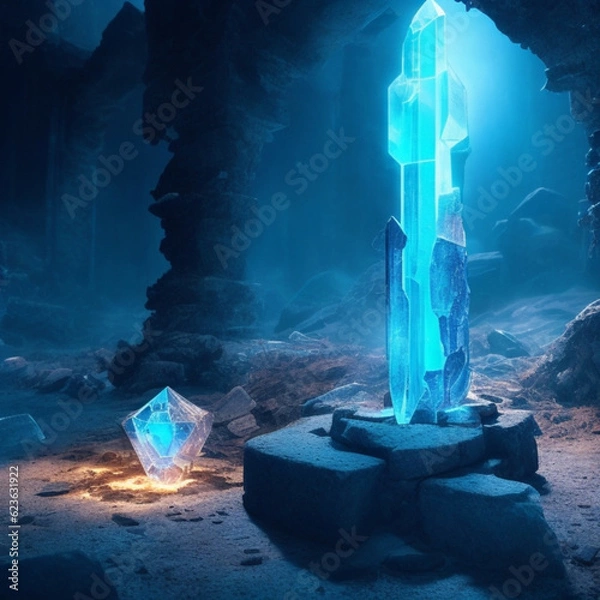 Fototapeta shining sword in the cave generated by AI tool