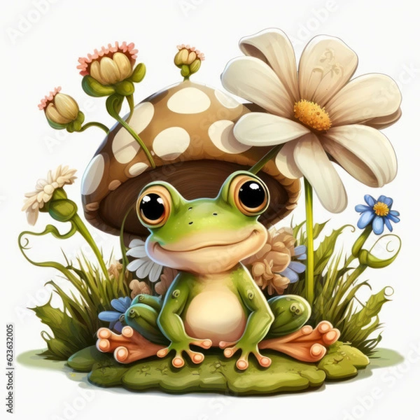 Fototapeta drawing of a cute frog with a mushroom for a children's book or postcard. Generative AI. 