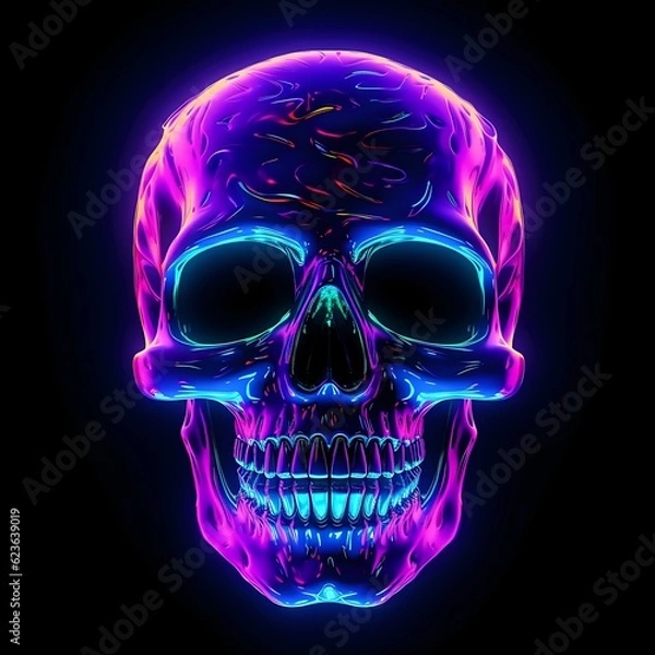 Obraz Skull neon lights style with black background. Rave party. 8k resolution