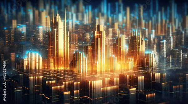 Fototapeta An ethereal vision of an abstract gold cityscape set against a serene blue backdrop