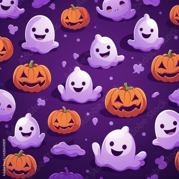Fototapeta Halloween seamless pattern design with ghost, pumpkin. Flat cartoon illustration. Generative Ai. 