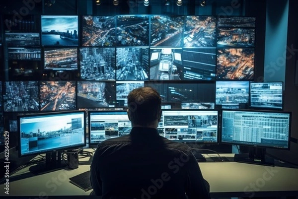 Fototapeta A vigilant security guard attentively monitors numerous CCTV feeds in a control room, ensuring the safety and protection of the premises with unwavering focus and professionalism. Generative AI
